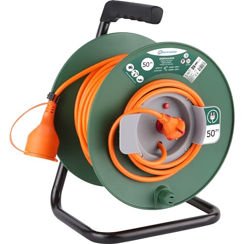 Electraline Cabo de extensão de jardim 20866139F de 50 m com carretel de 16 A, secção laranja/verde de 2 x 1,5 mm², tomada, tipo C/EF, 2 pinos (UE)