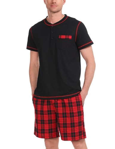 Litherday Pijama Hombre Verano Algodón Pijamas Hombre Corto Manga Conjunto de Pijama Hombre a Cuadros Ropa de Dormir 2 Piezas Bolsillos para Hombre S-XXL