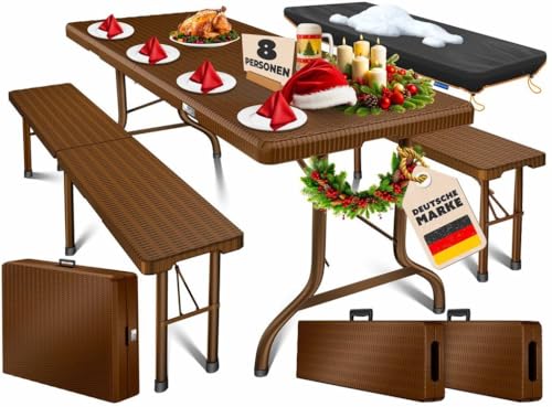 KESSER® Conjunto de loja de cerveja - Conjunto de 3 peças, mesa 2X banco, mesa dobrável, plástico, conjunto de jardim com aspeto de vime/dobrável, alças de transporte, 73 x 180 x 75 cm, castanho