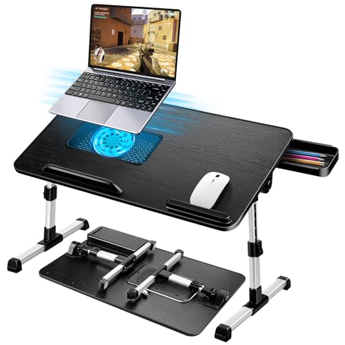 AirOpen Mesa portátil para cama, mesa para computador portátil regulável em altura e ângulo, mesa dobrável com ventilador para portátil e gaveta, mesa para cama, sofá, chão (53 x 30 cm, preto)