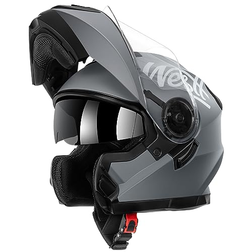 Westt Capacete modular para mota - ECE 22.06 capacete de motocicleta integral e batível homem mulher capacetes para mota - capacete integral adulto capacete rígido viseira dupla homologado cinzento L