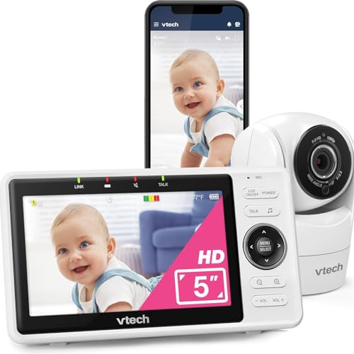 VTech - Câmara de bebé (5 polegadas, 1080p, visão panorâmica de 120 °, visão noturna, zoom pan-tilt à distância, falha bidirecional, funciona com iOS e Android, WiFi