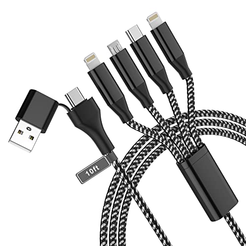 Cabo de carregamento múltiplo USB C cabo de carregamento rápido 4 em 2, 3 m 10 pés [certificado MFi] USB A/USB C para Micro USB Tipo C 2 Lightning para iPhone e vários dispositivos (Tipo C não para