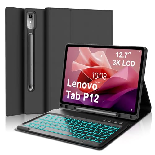 IVEOPPE Teclado para Lenovo Tab P12 12,7" - capa teclado espanhol Bluetooth magnético desmontável retroiluminado para Lenovo Tab P12 2023 12,7 polegadas TB370FU, preto