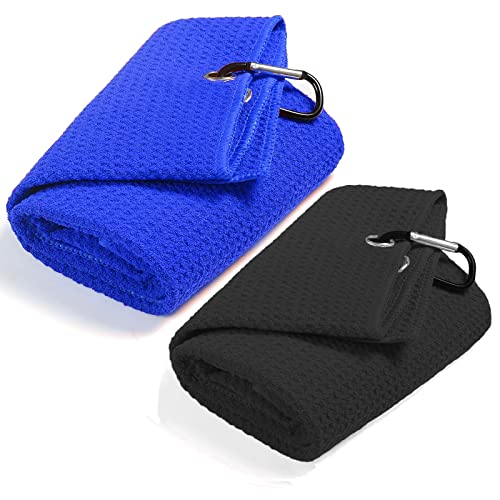 QeeHeng 2 toalhas de golfe, divertidas toalhas de golfe com clipe para malas de golfe para homens, conjunto de toalhas de golfe com padrão de waffle de microfibra tripla (preto azul)