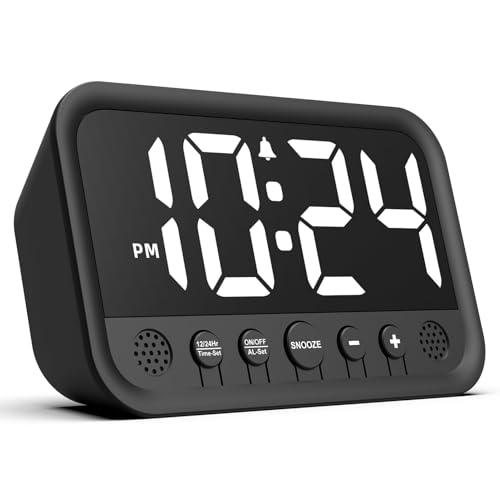 Jisile Relógio despertador digital com números grandes, relógio despertador digital com ecrã LED, brilho e volume ajustáveis, Snooze, 12/24 HR, relógio digital alimentado por rede elétrica
