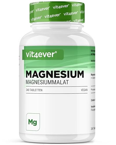 Malato de magnésio - 240 comprimidos com 2000 mg de malato de magnésio por porção diária - alta biodisponibilidade e alta dosagem - sem aditivos indesejáveis - Vegano