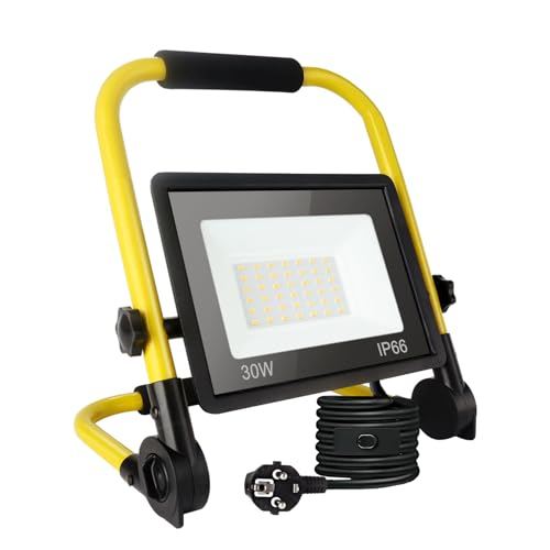 Foco de trabalho LED de 30 w, luz para o local de trabalho 3240 lm, holofote projetor LED portátil luz branca diurna de 6000k, resistente à água Ip66, holofote com cabo de 3,5 M e tomada UE para