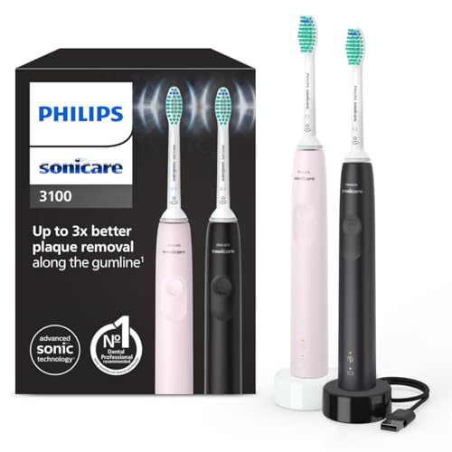 Philips Sonicare 3100, escova de dentes elétrica, escova de dentes sónica, sensor de pressão e temporizador, rosa pastilha elástica e preto, embalagem dupla, HX3675/15