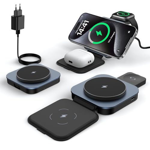 KEEPRO Carregador Pare iPhone carregamento rápido, carregador sem fios 3 em 1 dobrável para iPhone 16/15/14/13/12 séries, AirPods Pro/4/3/2 & Apple Watch (adaptador incluído) - preto