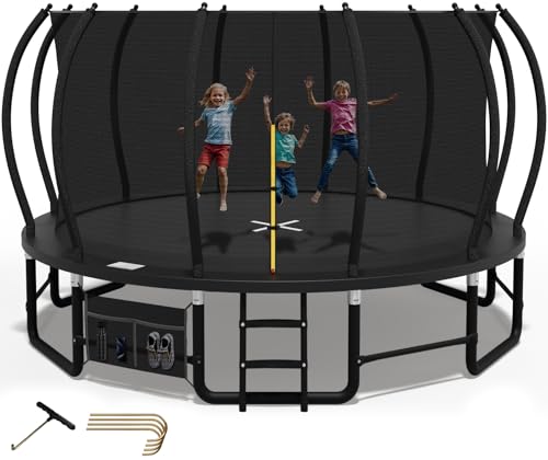 Devoko Trampolim ao ar livre 366/427 cm, trampolim de jardim, armação de aço galvanizado, bolsa para sapatos de armazenamento, capacidade de carga de 150 kg, trampolim para crianças e adultos, preto