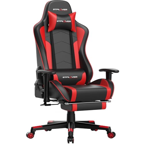 GTPLAYER Cadeira Gaming com altifalante Bluetooth apoio para os pés secretária escritório Gamer ergonómica com almofada apoio de braços 3D ajustáveis encosto reclinável multifuncional vermelho