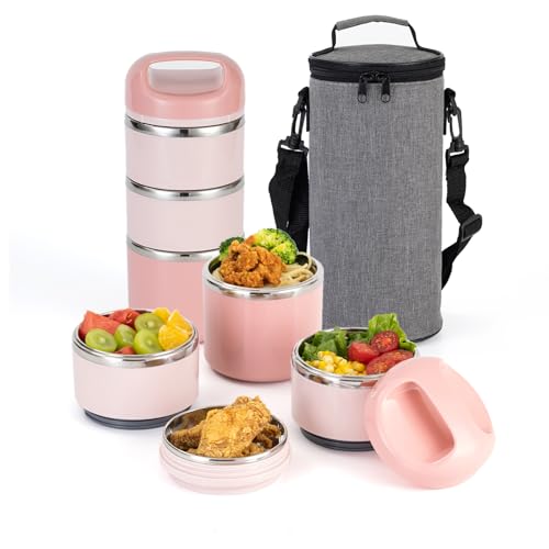 Lille Home Lunch Box de 3 camadas de aço inoxidável 1,43 l, caixa de bento isolada sem fugas para preparação de refeições em movimento, recipiente de alimentos empilhável (rosa)