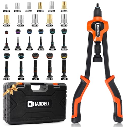 HARDELL Rebitadora de porca de 16", rebitadora manual de libertação automática, pistola rebitadora com 13 métrica e SAE Mandris intercambiáveis e 186 porcas, com estojo de transporte resistente