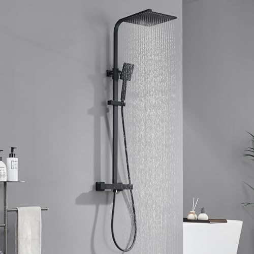 Auralum Coluna duche preta com torneira térmica de latão, chuveiro quadrado de chuva 254 x 254 mm, chuveiro de mão 85 x 85 mm, barra de aço inoxidável altura ajustável 818 - 1248 mm