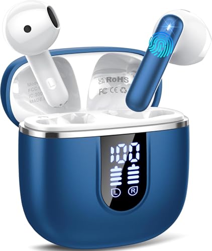 Auriculares sem fios Bluetooth, auriculares Bluetooth 5.4 HD estéreo com 4 Mic, 40H capacetes sem fios com controlador de 13 mm, IP7 impermeável capacetes carregamento rápido controlo tátil USB-C azul