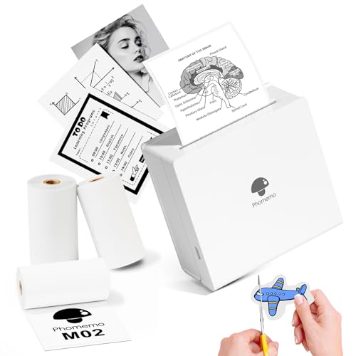 Phomemo M02 Mini impressora com 3 rolos de etiquetas, impressora de bolso para smartphone, adesivo Bluetooth impressora térmica para estúdio, notas, imagens, fotos, diários