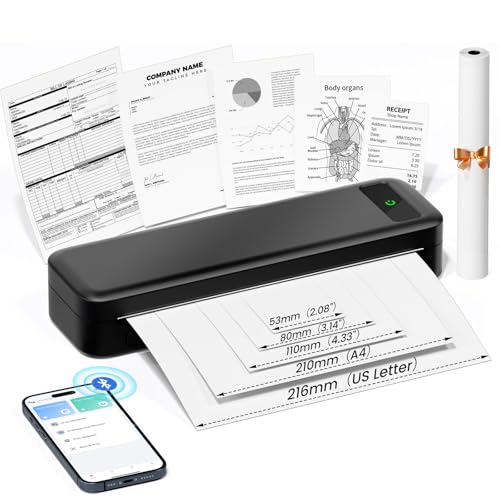 TATTMUSE Impressora portátil a4, impressoras térmicas Bluetooth 300 dpi para papel térmico casa mini telemóvel portátil sem tinta sem fios portáteis Printer, preto