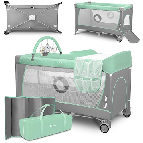 lionelo Flower Camisola de viagem 4 em 1, 65 x 125 x 76 cm para crianças até 15 kg, organizador de trocador de brinquedo interativos 2 rodas compacto bolsa de transporte cinzento (turquesa)