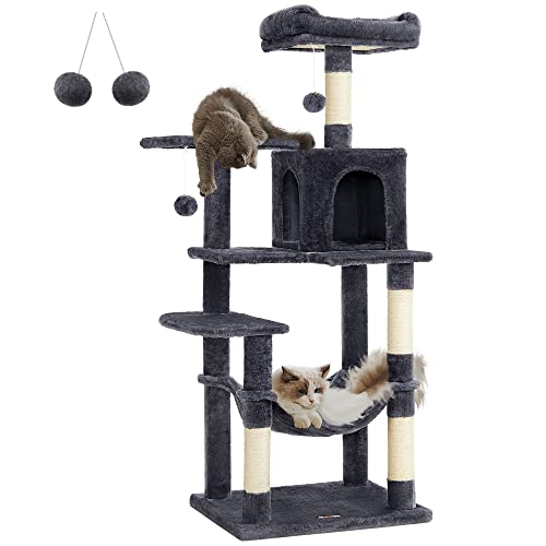 Feandrea Raspador para gatos, árvore para gatos, altura 143 cm, torre com 4 postes, 2 plataformas, 1 caverna, 1 rede, 2 pompões, tecido de pelúcia, multível, cinzento fumado PCT161G01