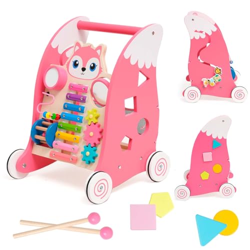 Andador bebés, caminhantes bebé madeira com brinquedos Montessori, Baby Walker com pneus de borracha, brinquedos educativos com função de classificação de formas para crianças 6-36 meses (esquilo)