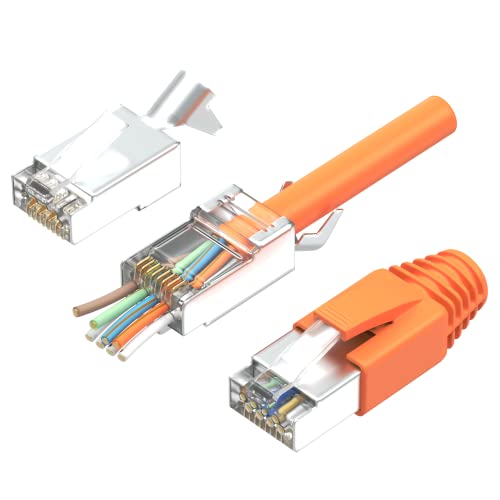 RedStar24 Conectores RJ45 Cat7, conjunto de 10 tomadas Ethernet Pass Through com proteção contra dobras e ilhó de inserção, compatíveis com cabos Cat7, Cat6A, Cat6 AWG23 - 8 pinos, laranja