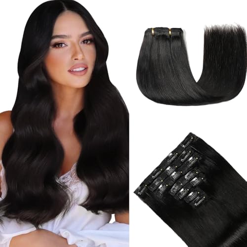 HotLulana Extensões de clipe de cabelo natural, 120 g 7 unidades 60 cm, preto Remy cabelo humano, 24 Inch (1B#)