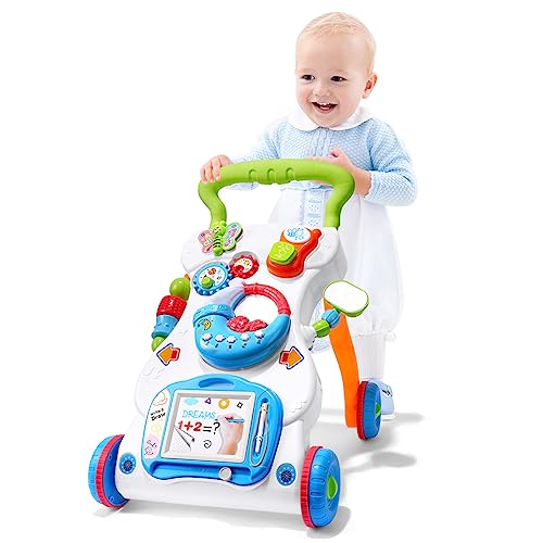 Aolso Andador para bebés, corredores com música e luzes, velocidade regulável e pernas dobráveis, caminhador bebé painel removível para bebé + 6 meses