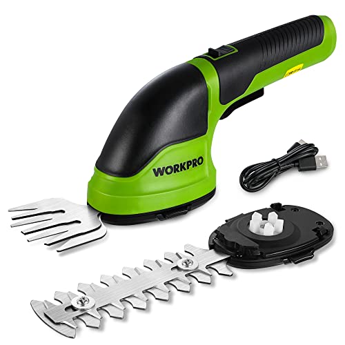 WORKPRO Tesouras corta-relvas e arranjos 2 em 1, 3,6 V corta-sebes a bateria de 2 Ah, tesouras arranjadas com 2 tipos de lâminas largura de corte 75 mm, 118 mm, ferramenta para jardim (verde)