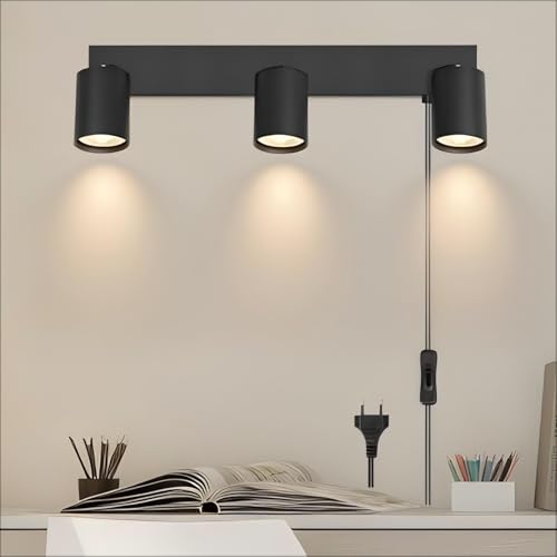 Kambo GU10 3 luzes aplique parede interior preto, candeeiro ajustável 350° com interruptor, candeeiros de liga alumínio para quarto, sala de estar, corredor, mesa de cabeceira