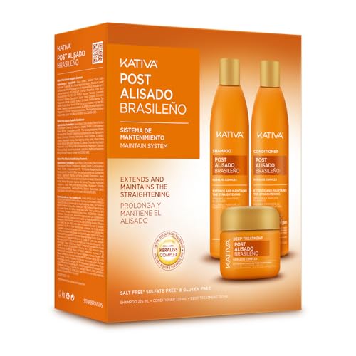 KATIVA Tratamento pós-alisado brasileiro | champô, condicionador e máscara | Prolonga o alisamento em 50% | Kit de 3 unidades, 225 ml, com queratina vegetal e ácido hialurónico