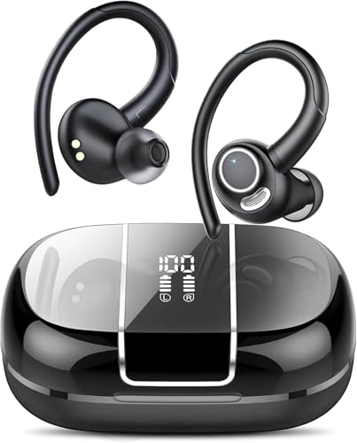 VKROBAG Auriculares sem fios desportivos, 48H, auriculares Bluetooth 5.3 HiFi estéreo, com redução de ruído CVC8.0, capacetes sem fios Bluetooth com gancho, IPX7 impermeável Running auriculares