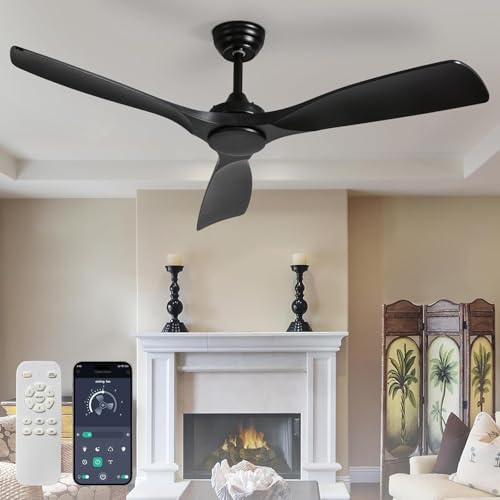 Depuley Ventoinha de teto sem luz de 52 polegadas exterior com controlo remoto APP para pátio, alpendre, ventilador preto interior 3 pás reversível, 6 velocidades silencioso