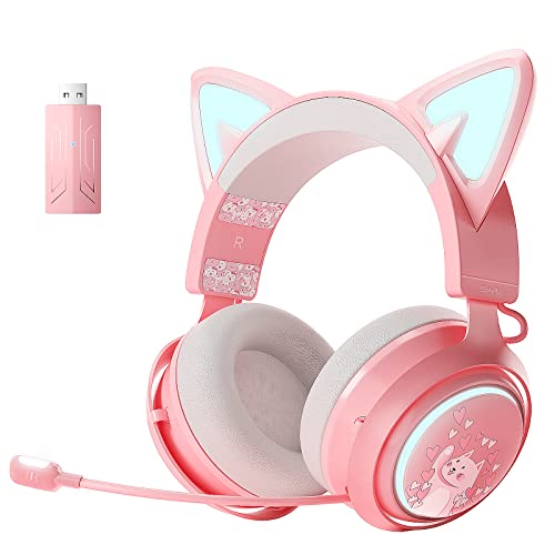 SOMIC Auriculares com orelhas de gato, auriculares sem fios para jogos de 2,4 GHz para PS4, PS5, PC, auriculares Bluetooth para smartphones, iluminação RGB, microfone retrátil