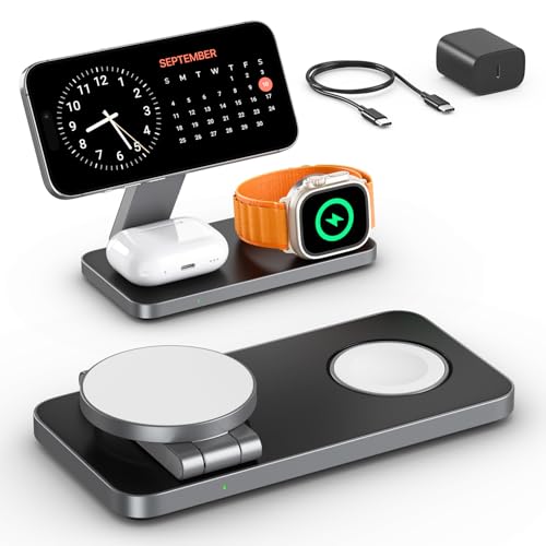 Carregador sem fios com mag-Safe, estação de carregamento iPhone 3 em 1 para Apple Watch, carregador sem fios indutivo dobrável para iPhone 16 15 14 13 12, Apple Watch, AirPods Pro com adaptador