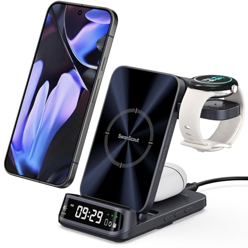 SwanScout Carregador sem fios para Pixel Watch 3/2/Fitbit Versa 4/3, estação de carregamento 3 em 1 para Google Pixel 9 Pro Fold/9/8/7a/6 e mais, Pixel Buds Pro 2, SwanScout 708G2 (não para Pixel