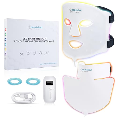 Nourished Bodynskin Máscara LED facial, terapia de luz para rosto e pescoço - dispositivo para cuidados com a pele e rugas - 7 cores vermelho e azul - rejuvenescimento, produto antienvelhecimento