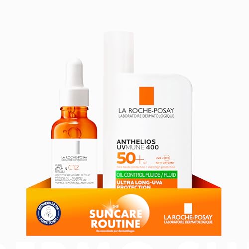 Rotina de verão antienvelhecimento, La Roche Posay, protetor solar líquido invisível com SPF50+ com efeito matador 24 horas 50 ml + Sérum Pure Vitamina C12 anti-idade com vitamina C, 30 ml