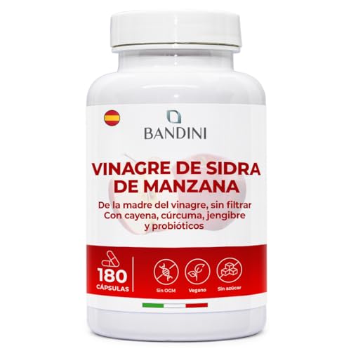 Bandini® Complexo de vinagre de sidra de maçã 1860 mg alta concentração, 180 cápsulas veganas de Apple cider vinegar com mãe, sem filtrar, com probióticos, açafrão, pimenta, gengibre