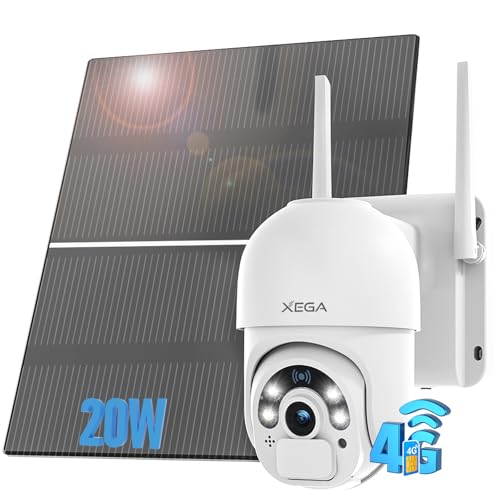 Xega 4G Câmara solar vigilância exterior com cartão SIM【20 W painel: 20 000 mAh gravação de bateria 24/7 4G câmara sem cabo 2K zoom PTZ 355 °/90°, visão noturna colorida, detecção de movimento Vimento