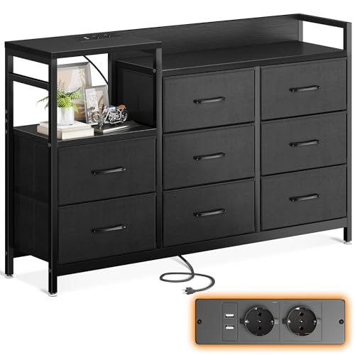 ODK Comoda quarto, 2 portas USB e 2 AC, cómoda multifuncional para quarto e sala de estar, armário estável e duradouro, 132 x 30 x 88 cm, preta