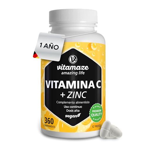 Vitamina C 1000 mg (1 ano), com zinco e bioflavonóides, 360 comprimidos, 1 comprimido por dia para o sistema imunitário e antioxidante, vitamina C pura e vegana de qualidade alemã. Vitamaze