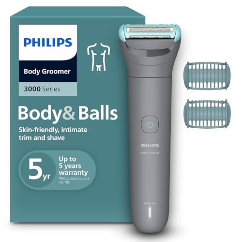 Philips Máquina de barbear corporal série 3000 - Depiladora masculina com sistema de proteção, corta e depilha áreas íntimas, barbear suave e com pressa, 100% impermeável, 80 min. de autonomia, BG3480