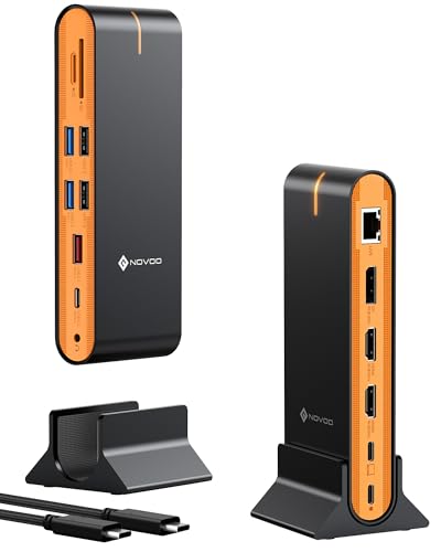 NOVOO 15 em 1 Docking Station USB C, base de conexão vertical para monitor triplo 8 K@30 Hz DP, duplo 4 K@60 Hz HDMI, 10 Gbps USB-A/C, SD/TF, 1 Gbps Ethernet, adaptador duplo para MacBook//Windows