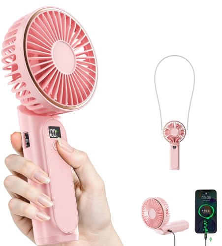 TUNISE Ventoinha portátil recarregável 4000 mAh - ventilador de pescoço/mão USB-C IPX4, 6 velocidades silencioso 20 dB, mini ventilador portátil de 180 ° para viagens/escritório/praia