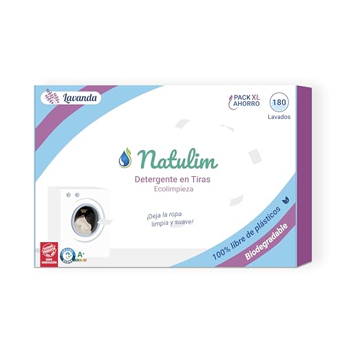Natulim Detergente em tiras para máquina de lavar roupa (180 lavagens), inclui efeito suave, ecológico, hipoalergénico, zero waste, fabricado em spanha, roupa limpa e macia sem sujar o planeta