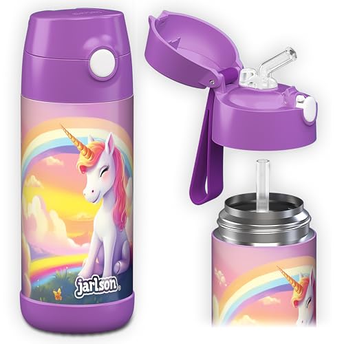 JARLSON® garrafa de água para crianças com palhinha CHARLI, garrafas de água de aço inoxidável - térmicas, sem BPA, à prova de fugas, para a escola e desportos, o termos térmico, 350 ml
