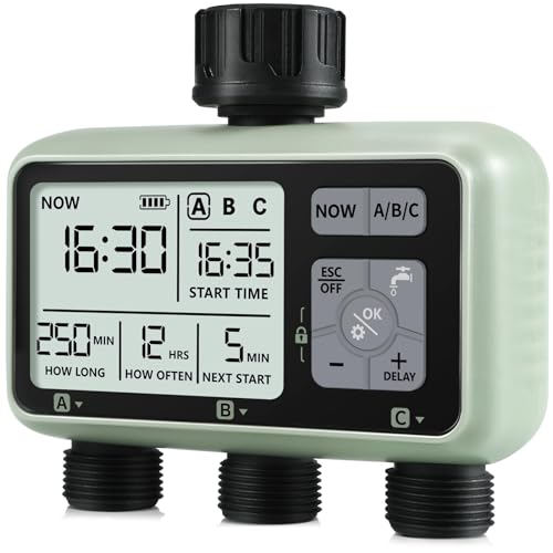 CROSOFMI Programador de rega automática jardim temporizador de rega com 3 saídas independentes ecrã LCD/operação fácil/bloqueio para crianças/atraso por chuva intensa/rega manual