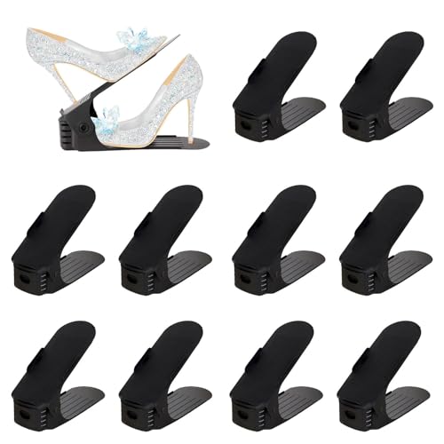 LATRAT - Conjunto de 10 suportes e empilhadores para sapatos ajustáveis, armazenamento de sapatos, economia de espaço, 50%, sapateira antiderrapante, para sapatos, suporte de plástico, preto, 25 x 6,5