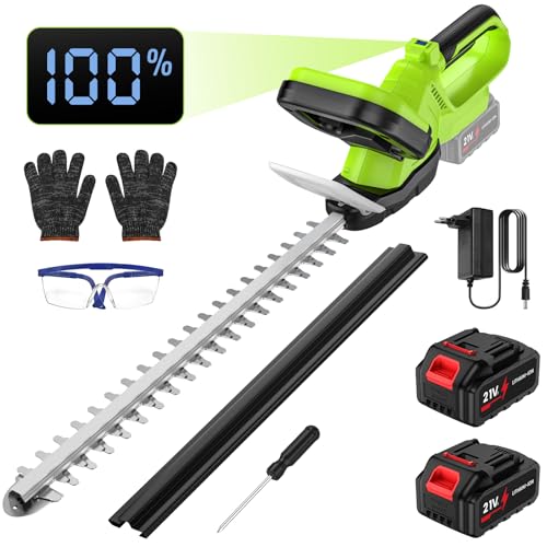 Corta-sebes de mercadoria, 500 W corta-sebes elétrico com 2 baterias de 3,0 Ah, 55 cm, comprimento de corte, 15 mm, espaço entre dentes, motor sem escovas, ecrã LCD, folha de dupla ação